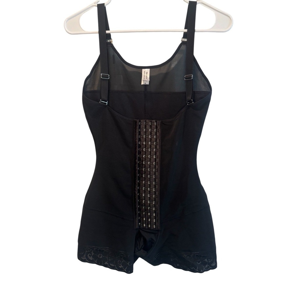 SHAPERX Womens Black Shapewear Bodysuit Hook Eye Front Lace Trim Medium NEW